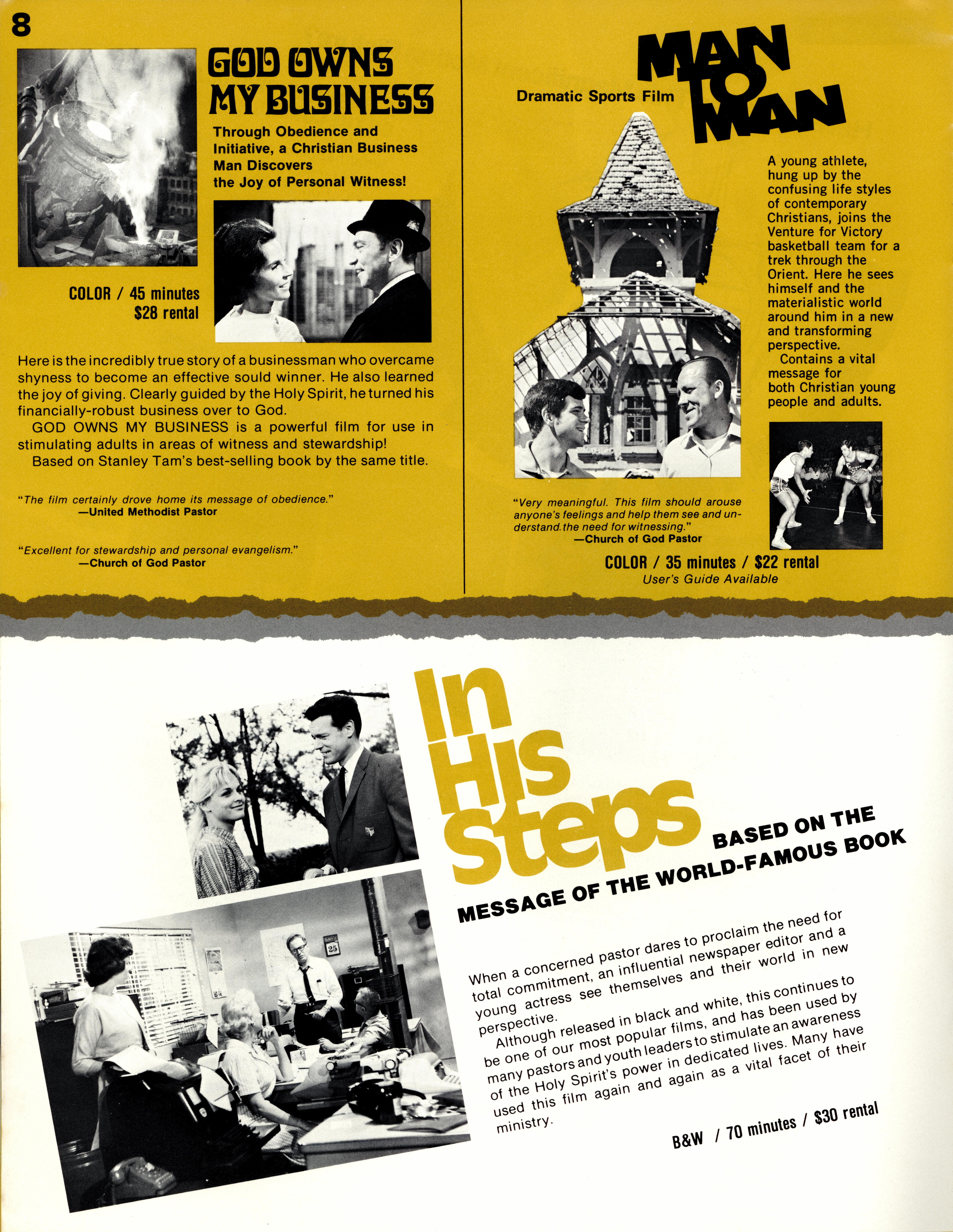 Page from the 1975 Ken Anderson Films catalog featuring three black and white Christian films.